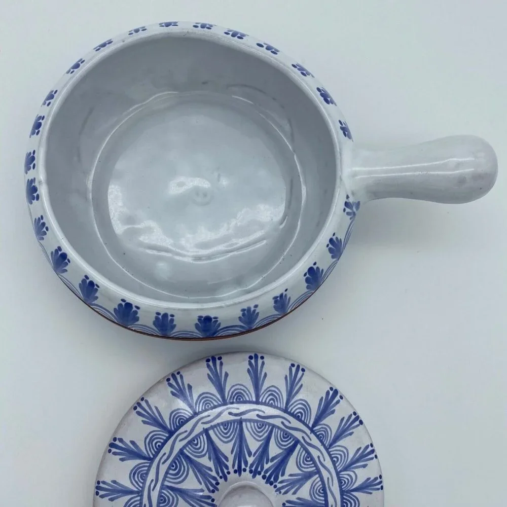 TLAL‎ MICH COLIN Mexican Pottery Hand Painted Cobalt Blue White Bean Bowl w/Lid